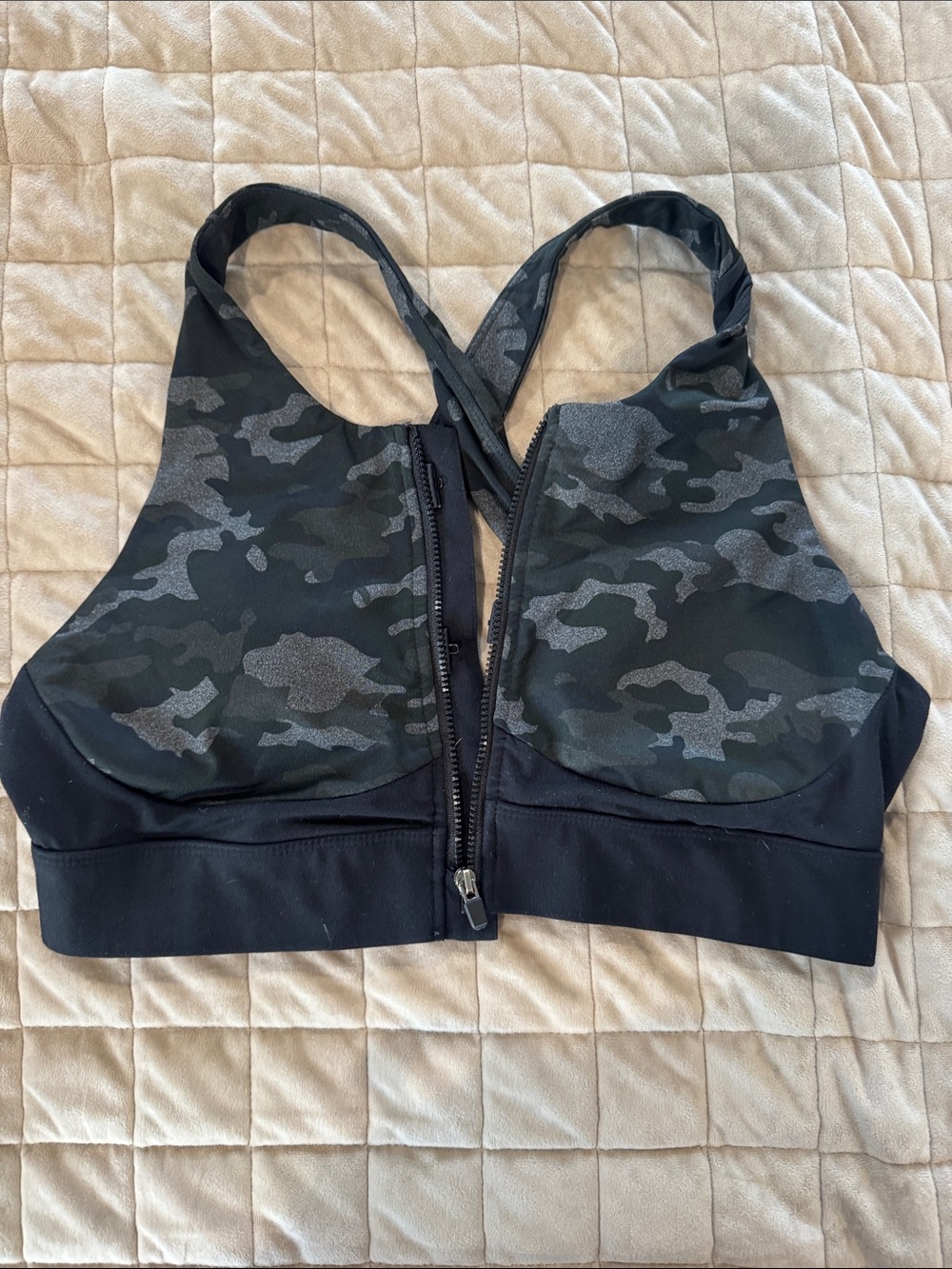 Fabletics Front-Zip Camo Sports Bra - Black/Gray